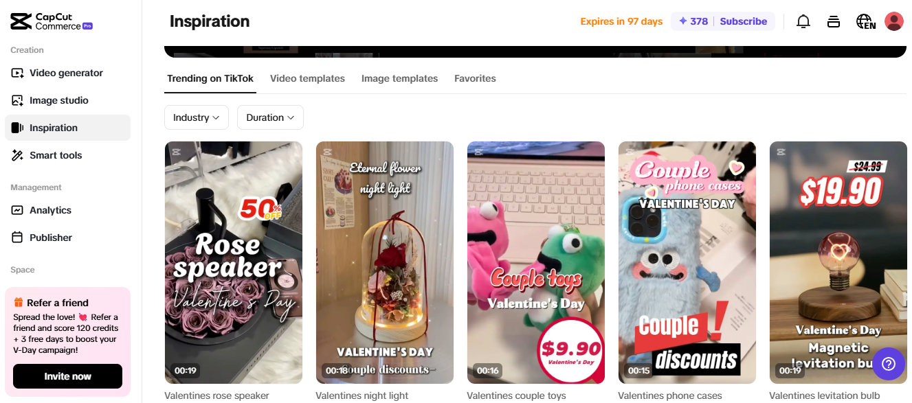 CapCut Commerce Pro Inspiration page showcasing trending Valentine's Day products for low-cost startup ideas in eCommerce.